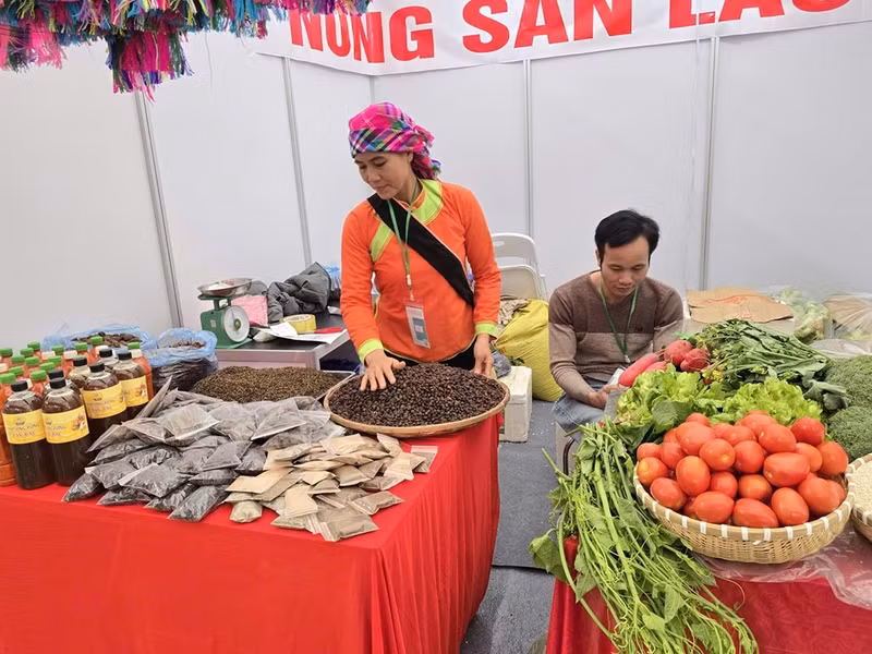 Mme Nong Thi Nhat présente les fruits du travail des membres de la coopérative d'agroforesterie et de services commerciaux généraux Po My (Lao Cai).
