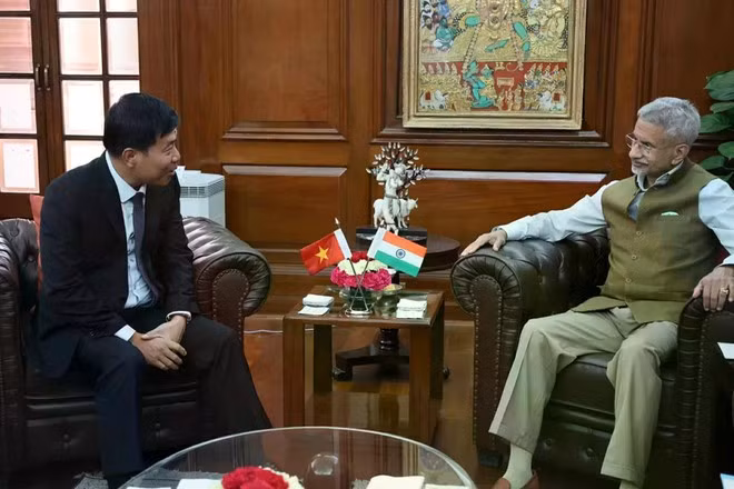 Le vice-ministre des Affaires étrangères Nguyen Manh Cuong (gauche) rencontre le ministre indien des Affaires étrangères, Subrahmanyam Jaishankar. Photo : VNA.