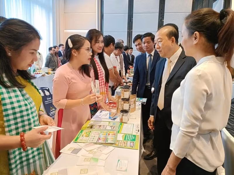 Des entreprises échangent lors de la Conférence d'échanges commerciaux Vietnam-Cambodge, le 28 août, au Cambodge. Photo : Agence de la promotion du commerce