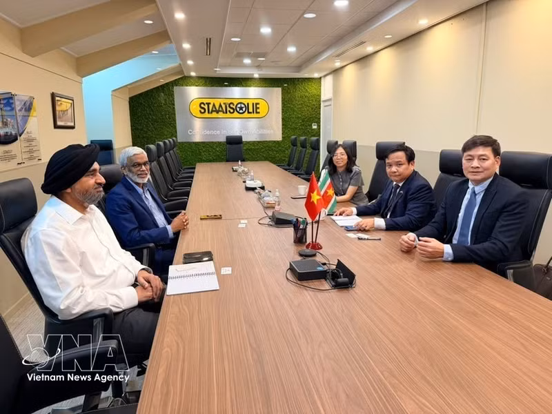La séance de travail entre l’ambassadeur du Vietnam au Brésil, également accrédité au Suriname, Bui Van Nghi et des représentants de la compagnie pétrolière nationale Staatsolie. Photo : ambassade du Vietnam au Brésil/VNA
