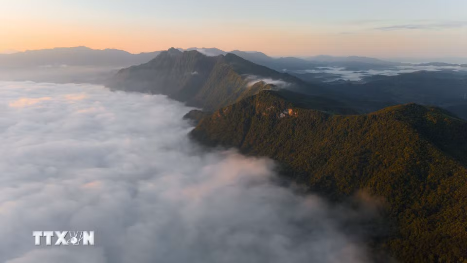 Les montagnes de Dien Bien se déploient en plusieurs plans au-dessus de la mer de nuages, baignées par la douceur de la lumière matinale. Photo : VNA