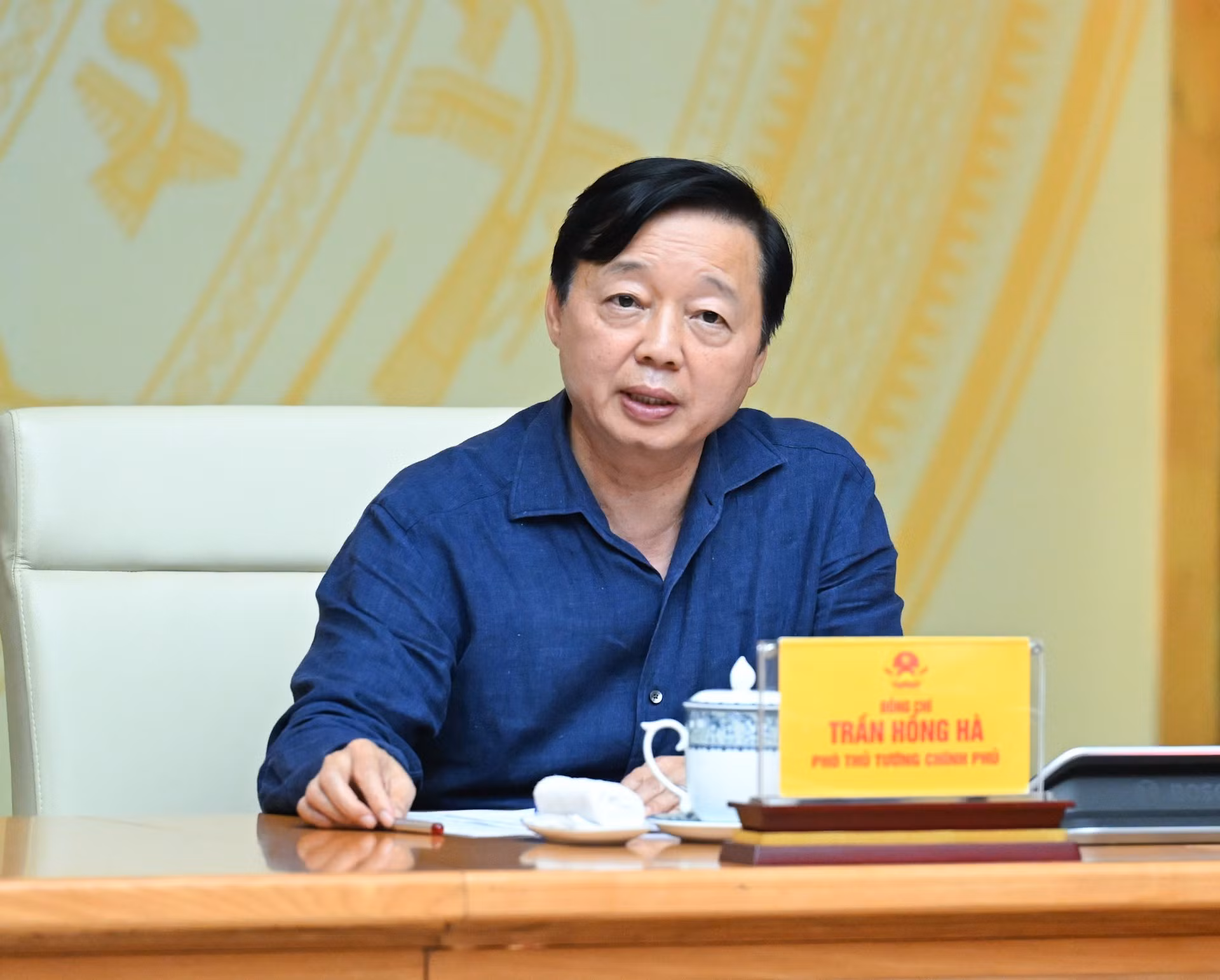 Le vice-Premier ministre vietnamien Tran Hong Ha, qui est également président du Comité national de pilotage sur la lutte contre la pêche INN, prend la parole lors de la réunion. Photo : Tran Hai/NDEL