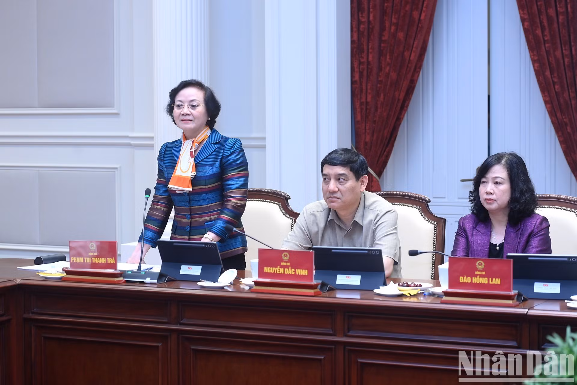 La vice-Première ministre Pham Thi Thanh Tra (debout) prend la parole lors de la réunion. Photo : NDEL