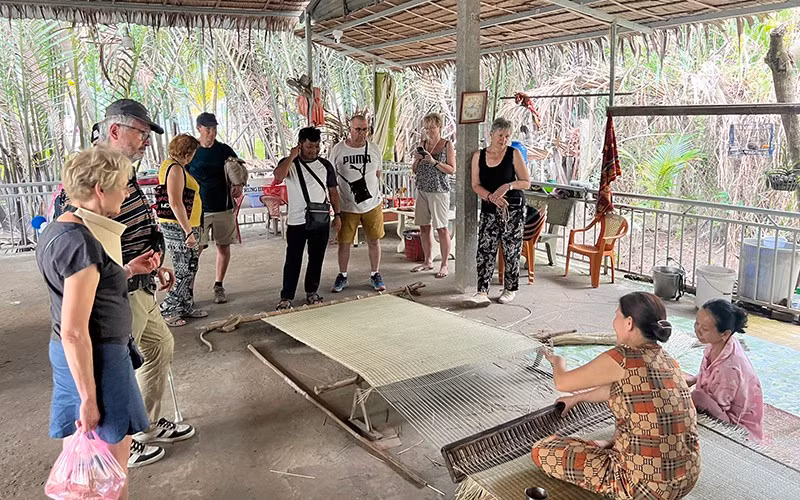 Des touristes étrangers regardent des villageois pratiquant le tissage des nattes dans la commune de Nhon Thach, province de Bên Tre. Photo : NDEL