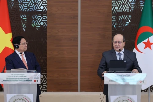 Le Premier ministre vietnamien Pham Minh Chinh (à gauche) et son homologue algérien Sifi Ghrieb lors de la conférence de presse conjointe, à Alger, le 19 novembre. Photo : VGP
