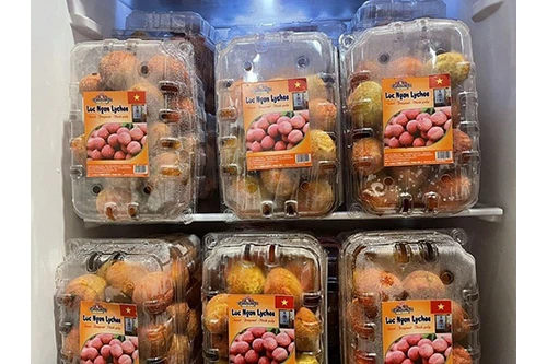 Les produits de litchis à maturité précoce ont un emballage orné du drapeau vietnamien. Photo : conthuong.vn.com
