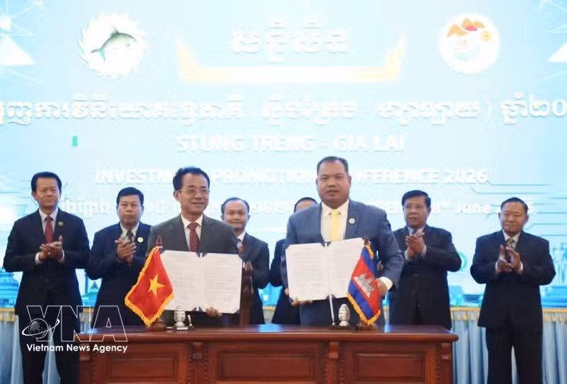 Des représentants de la province de Stoeng Treng et de la société par actions Phu Tai (province de Gia Lai) ont signé un protocole d'accord portant sur l'étude des investissements dans la plantation de grandes forêts d'arbres. Photo : VNA.
