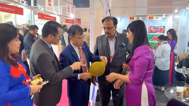 La compagnie vietnamienne Nghiêp Xuân montre un durian frais au président de l’India Exposition Mart, Rakesh Kumar. Photo : VNA.