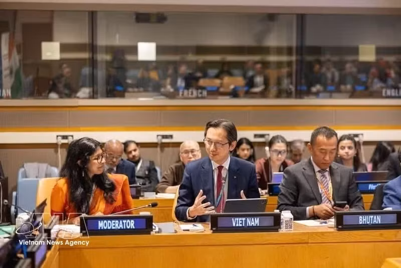 L’ambassadeur Dô Hung Viêt (milieu), chef de la Mission permanente du Vietnam auprès de l’ONU, s'exprime lors du séminaire. Photo: VNA