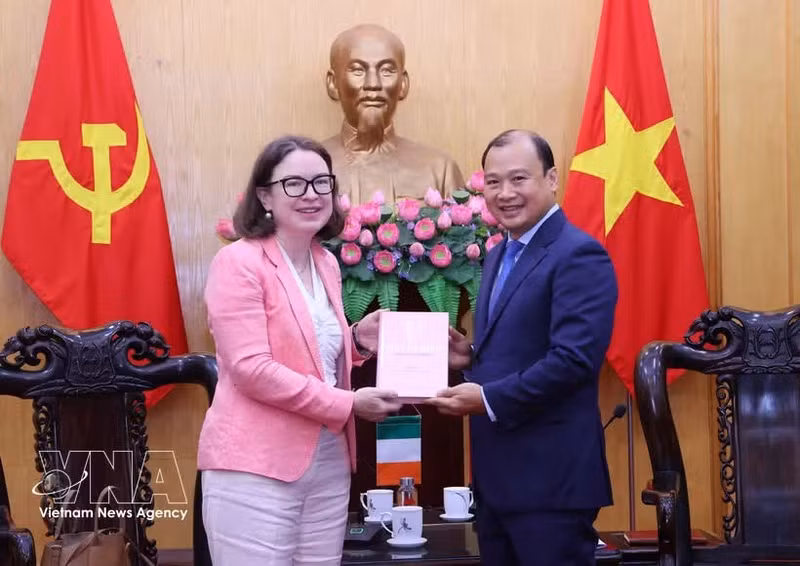 Le directeur adjoint permanent de l’Académie nationale de politique Ho Chi Minh, Le Hai Binh, offre un cadeau à l’ambassadrice d’Irlande au Vietnam, Deirdre Ní Fhallúin. Photo : VNA.