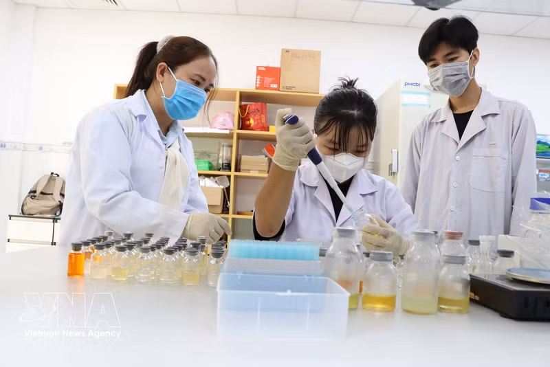 Encadrement d’étudiants stagiaires dans un laboratoire de l’Université de Tra Vinh. Photo : VNA