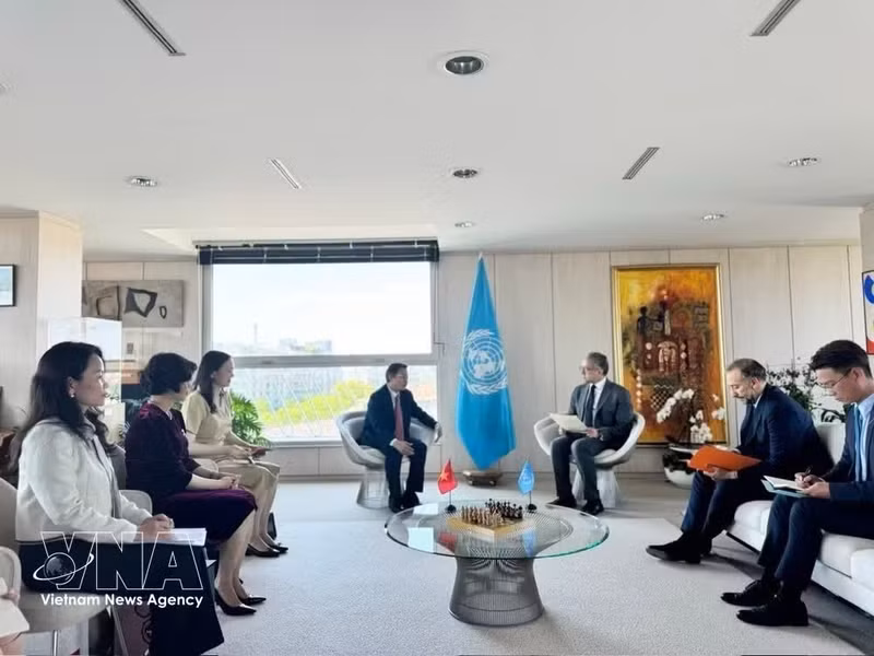 Le vice-ministre des Affaires étrangères et président de la Commission nationale vietnamienne pour l’UNESCO, Ngo Le Van (gauche), rencontre le directeur général de l'UNESCO, Khaled El-Enany. Photo: VNA