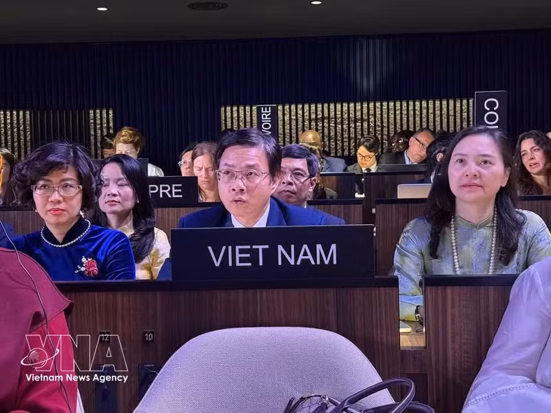 Le vice-ministre des Affaires étrangères et président de la Commission nationale vietnamienne pour l’UNESCO, Ngo Le Van, prend la parole lors de l'événement. Photo: VNA