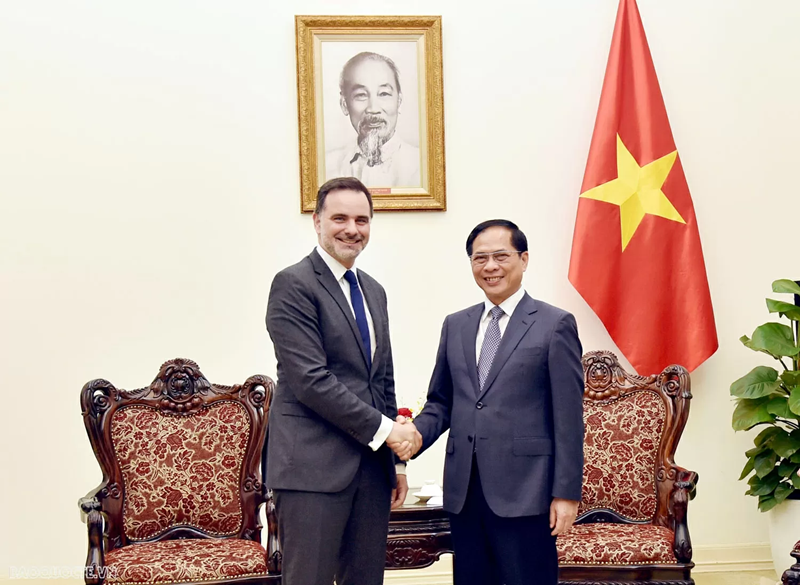 Le vice-Premier ministre, ministre vietnamien des Affaires étrangères Bui Thanh Son (à droite) rencontre le ministre délégué chargé du Commerce extérieur et des Français de l'étranger, Laurent Saint-Martin. Photo : Baoquocte.