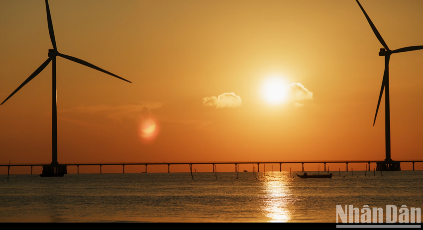 Le trait caractéristique majeur de la mer de Ba Dong aujourd’hui est constitué par les majestueuses rangées d’éoliennes, dressées avec fierté au cœur de l’océan infini. Photo : Nhân Dân. Le trait caractéristique majeur de la mer de Ba Dong aujourd’hui est constitué par les majestueuses rangées d’éoliennes, dressées avec fierté au cœur de l’océan infini. Photo : Nhân Dân.