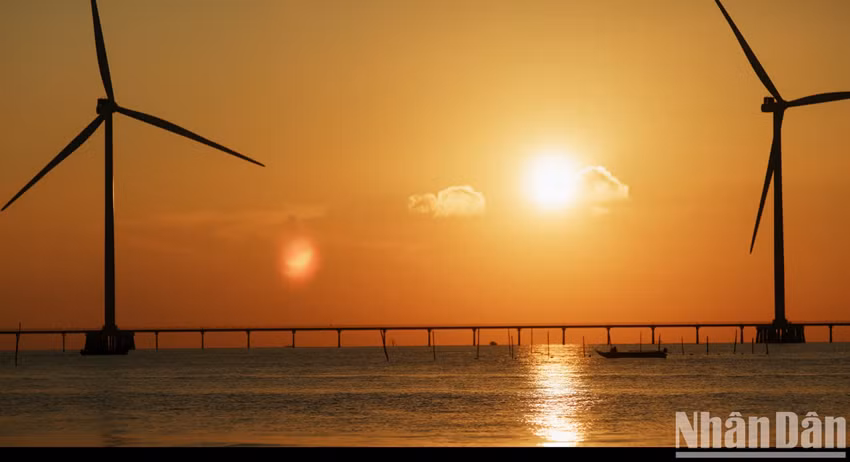 Le trait caractéristique majeur de la mer de Ba Dong aujourd’hui est constitué par les majestueuses rangées d’éoliennes, dressées avec fierté au cœur de l’océan infini. Photo : Nhân Dân.