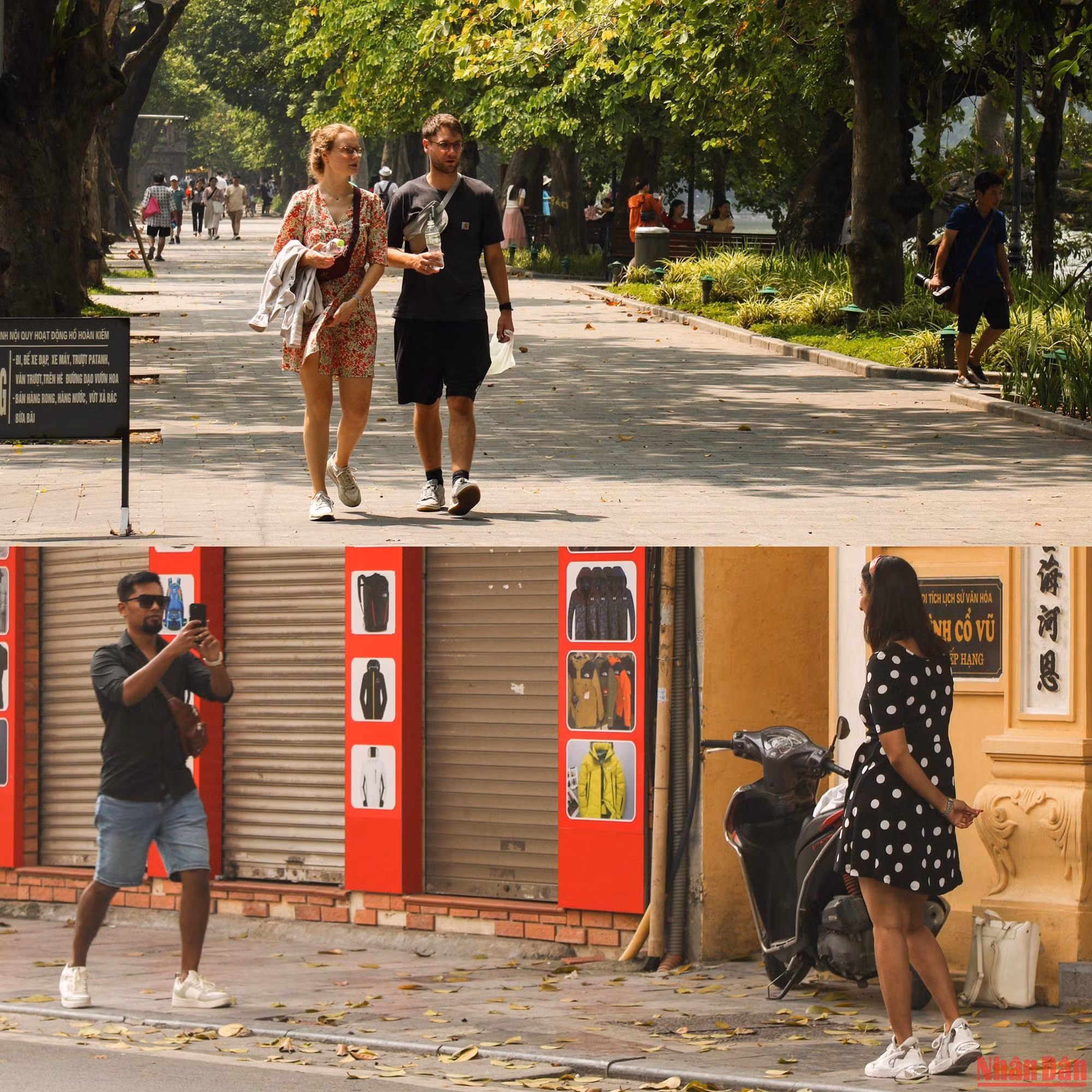 Les touristes étrangers se promènent aussi pour profiter du beau temps de l'automne à Hanoï.