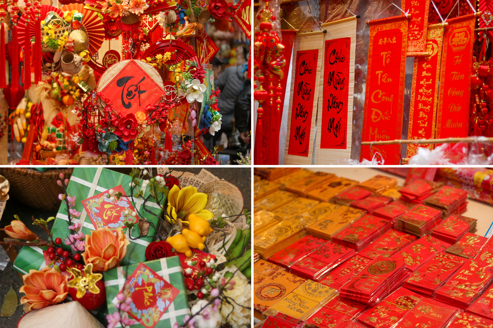 Des enveloppes colorées à étrennes et des sentences parallèles sont exposées pour la vente, ajoutant des couleurs aux décorations du Têt. Des enveloppes colorées à étrennes et des sentences parallèles sont exposées pour la vente, ajoutant des couleurs aux décorations du Têt.