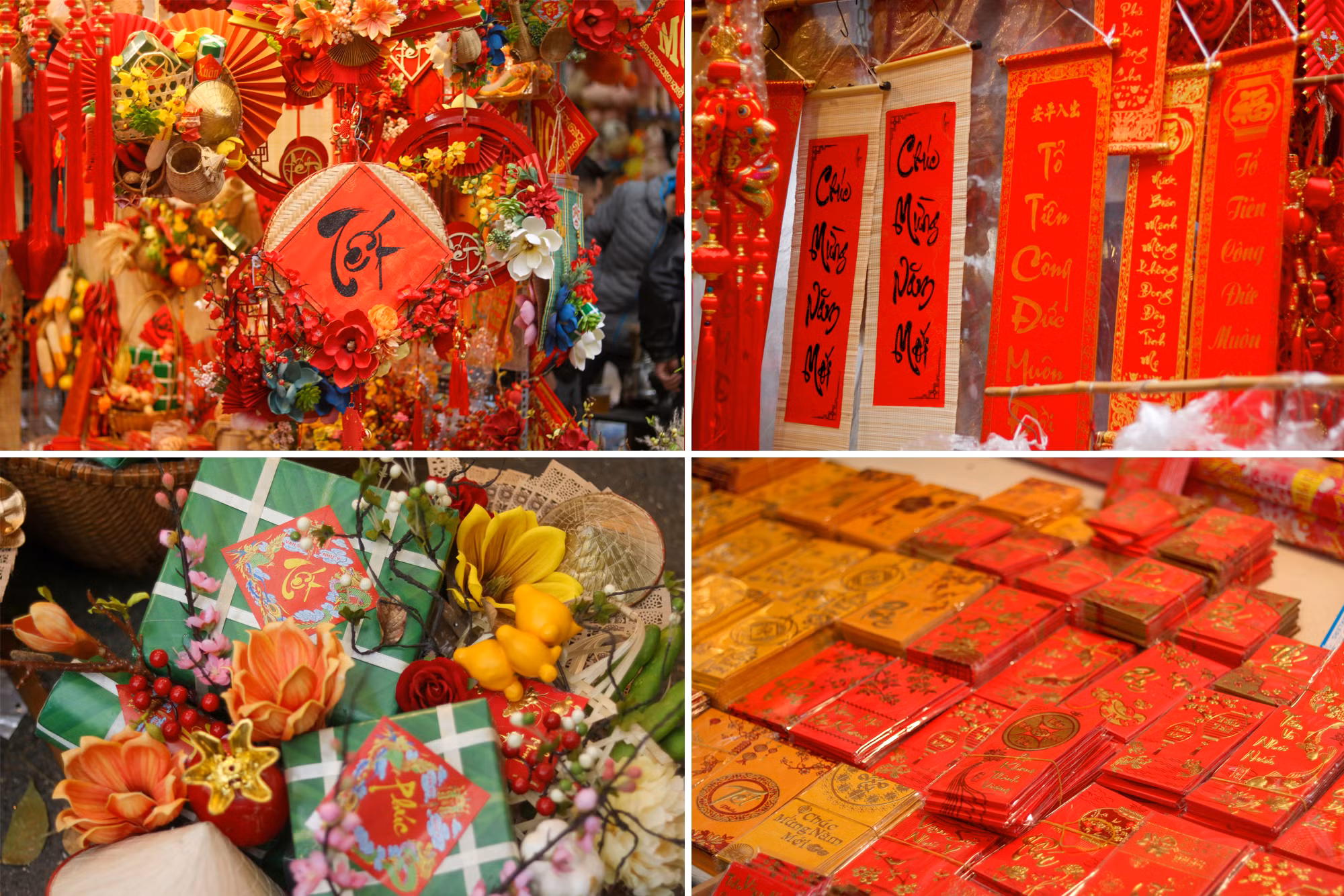 Des enveloppes colorées à étrennes et des sentences parallèles sont exposées pour la vente, ajoutant des couleurs aux décorations du Têt. Des enveloppes colorées à étrennes et des sentences parallèles sont exposées pour la vente, ajoutant des couleurs aux décorations du Têt.