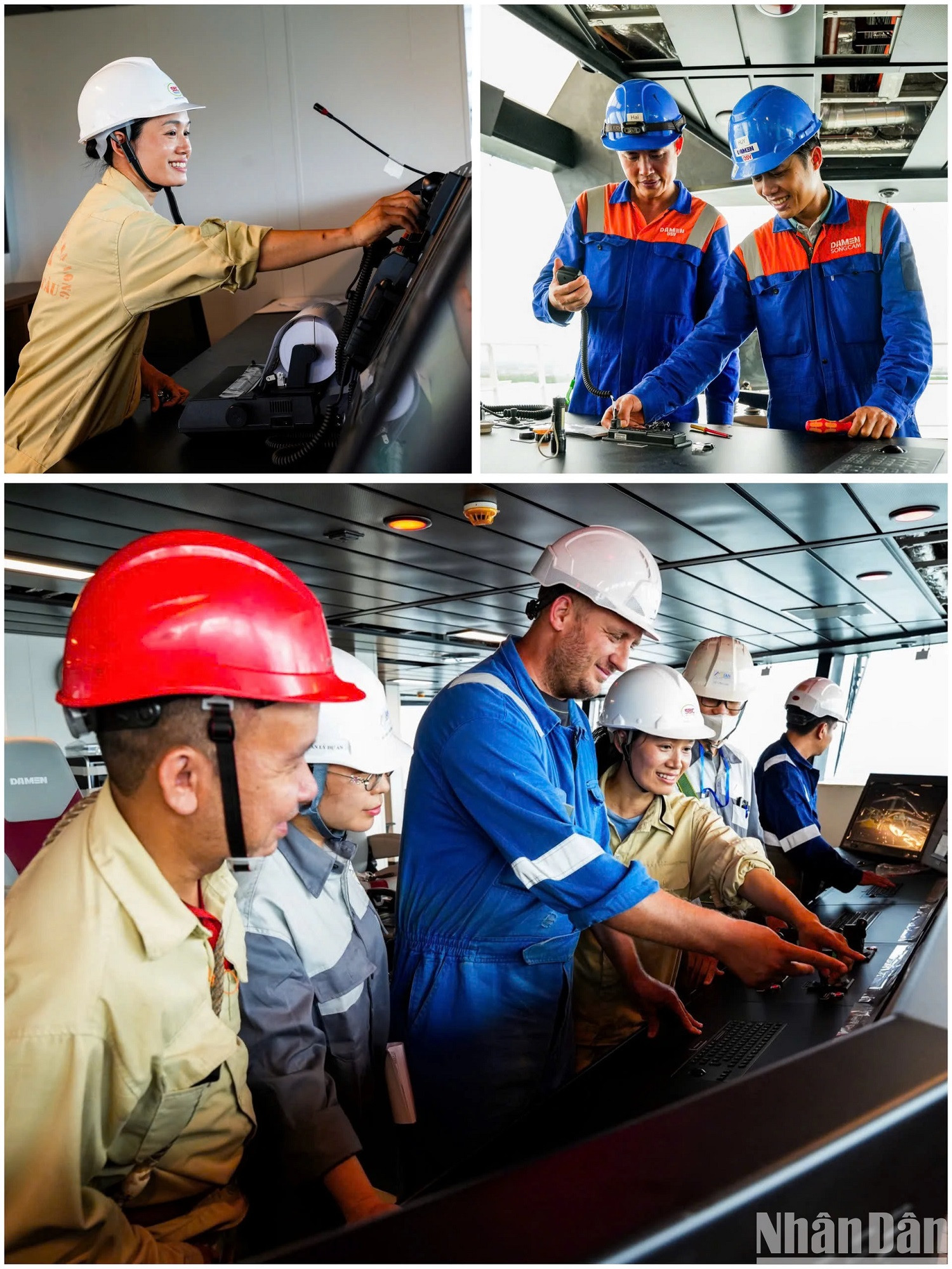 Des ingénieurs et ouvriers vietnamiens et étrangers achèvent les dernières étapes à l’intérieur du navire. Des ingénieurs et ouvriers vietnamiens et étrangers achèvent les dernières étapes à l’intérieur du navire.
