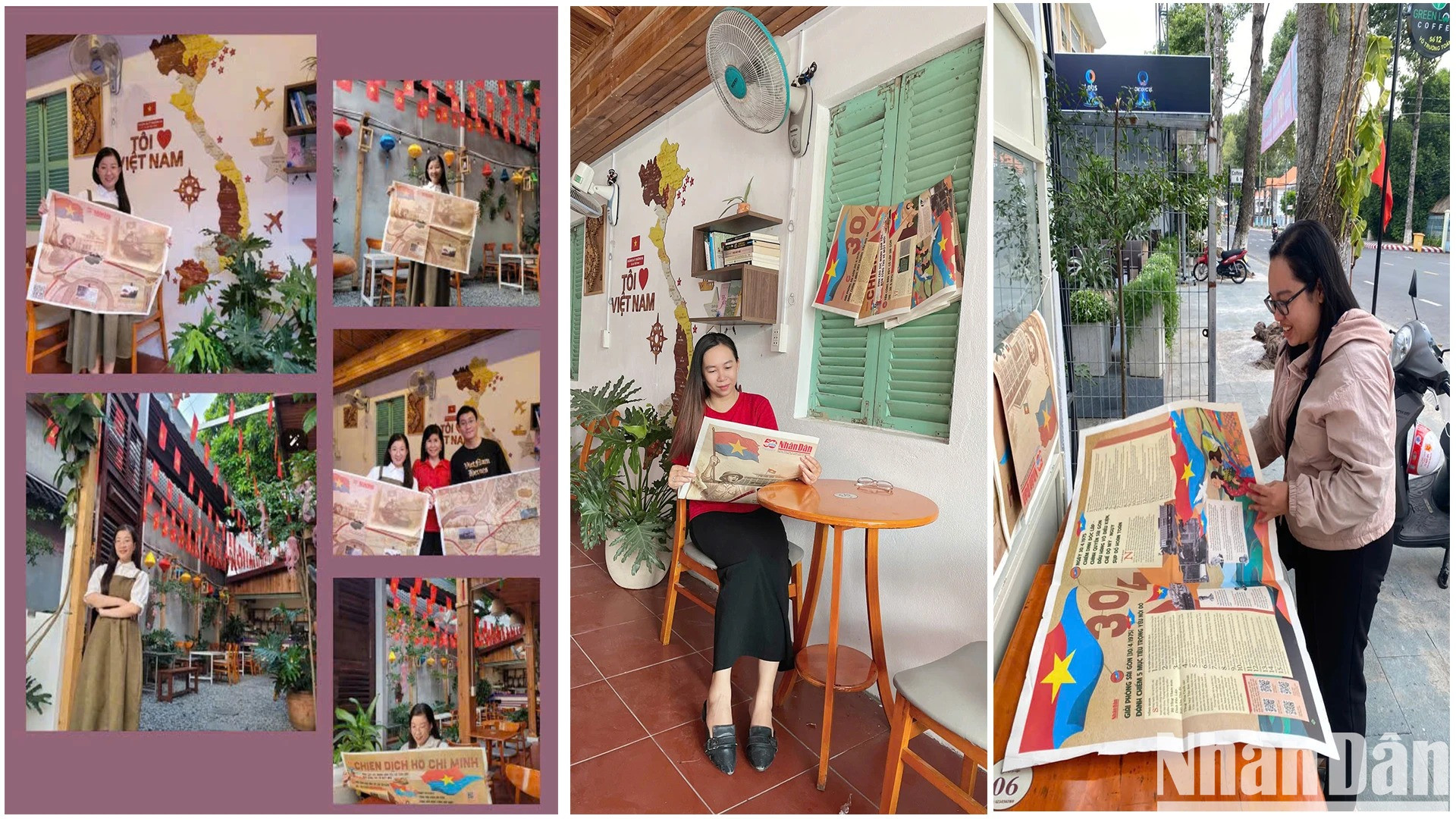 Des clients visitent les cafés de Dong Thap pour lire et prendre des photos avec le supplément spécial du 30 avril du Journal Nhân Dân. Photo : Huu Nghia. Des clients visitent les cafés de Dong Thap pour lire et prendre des photos avec le supplément spécial du 30 avril du Journal Nhân Dân. Photo : Huu Nghia.