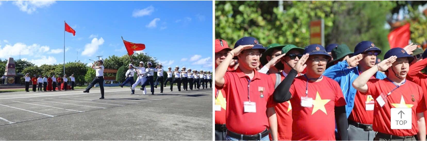 Les Vietnamiens résidant à l'étranger émus lors de la cérémonie de levée du drapeau sur l'île Truong Sa Lon. Photo: TNO. Les Vietnamiens résidant à l'étranger émus lors de la cérémonie de levée du drapeau sur l'île Truong Sa Lon. Photo: TNO.
