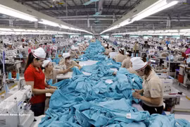 Des ouvriers confectionnent des vêtements destinés à l'exportation à la société à responsabilité limitée à associé unique Viet Pan Pacific World (République de Corée), située dans la commune de Hiep Hoa, province de Bac Ninh. Photo : VNA.