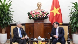 Le vice-Premier ministre et ministre des Affaires étrangères (AE) du Vietnam, Bui Thanh Son (à droite) reçoit Albert Chua, secrétaire permanent du ministère des Affaires étrangères de Singapour, le 26 août, à Hanoï. Photo : VNA 
