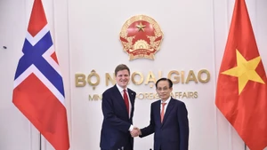 Le ministre vietnamien des Affaires étrangères Le Hoai Trung (à droite) serre la main du ministre norvégien du Développement international Åsmund Aukrust, à Hanoi, le 10 février. Photo : VNA. 