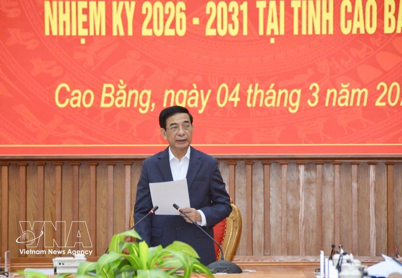 Le général Phan Van Giang effectue une mission de supervision et d’inspection des préparatifs des élections législatives à Cao Bang (Nord). Photo : VNA 