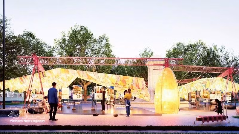 Une exposition originale réalisée à partir de papier "dó" traditionnel et de matériaux recyclés au jardin Dien Hong. Photo : nhandan.vn 