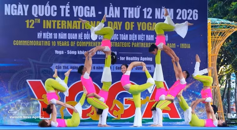 Programme de démonstration collective de yoga tenu le 14 juin à Hanoï. Photo: VNA 