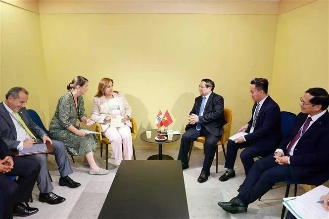 La rencontre entre le Premier ministre Pham Minh Chinh et la présidente péruvienne, Dina Boluarte. Photo: VNA 