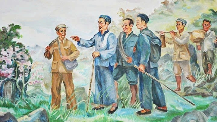Tableau représentant le moment où le Président Hô Chi Minh pose ses premiers pas sur le sol vietnamien en franchissant le repère 108. (Peinture : Trinh Phong)