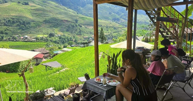 Les cafés offrant une vue sur les rizières en terrasses verdoyantes, en harmonie avec la nature à Ta Van, sont très appréciés des visiteurs. Photo : VNA. 