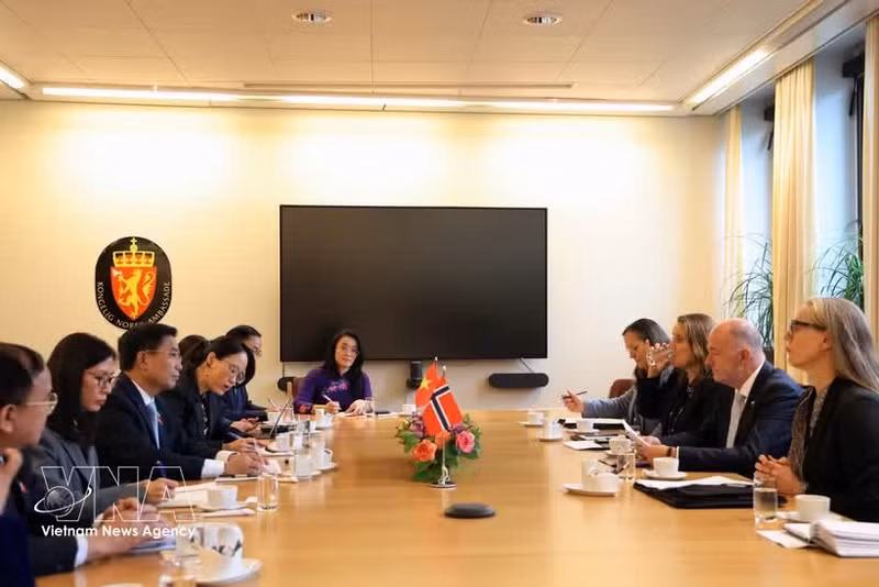 Le vice-président de l’Assemblée nationale Nguyen Doan Anh s’entretient avec le premier vice-président du Parlement norvégien, Morten Stordalen. Photo : VNA.