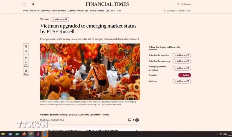 FTSE Russell hisse le Vietnam parmi les marchés émergents. Photo : VNA.