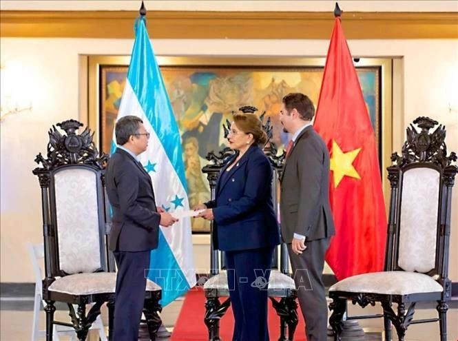 L’ambassadeur du Vietnam au Mexique et au Honduras, Nguyên Van Hai, présente les lettres de créance du président Luong Cuong à la présidente hondurienne Xiomara Castro. Photo : VNA.