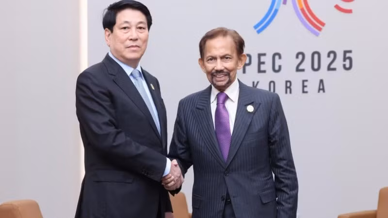 Le président vietnamien Luong Cuong et le sultan de Brunei, Hassanal Bolkiah, lors du sommet APEC 2025 en République de Corée. Photo : VNA.