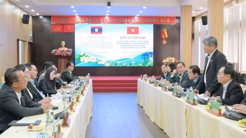 Séance de travail entre la délégation de haut niveau du ministère laotien de l'Agriculture et de l'Environnement et les responsables du Groupe vietnamien de l'industrie du caoutchouc (VRG). Photo : NDEL.