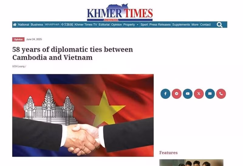 Article publié par le Khmer Times à l'occasion du 58e anniversaire de l'établissement des relations diplomatiques entre le Vietnam et le Cambodge (24 juin 1967-2025). Photo : VNA.