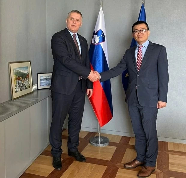 L'ambassadeur du Vietnam en Autriche et en Slovénie, Vu Le Thai Hoang, rencontre le ministre slovène de l'Environnement, du Climat et de l'Énergie, Bojan Kumer. Photo : baoquocte.vn