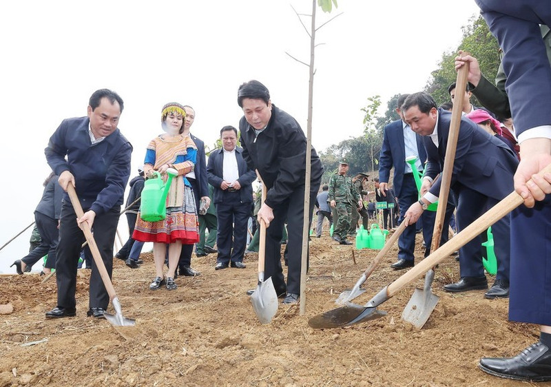 Le président Luong Cuong participe à la plantation d’arbres avec les délégués et la population locale dans le cadre du projet du parc culturel de Lao Cai, dans le quartier de Cam Duong. Photo : VNA.