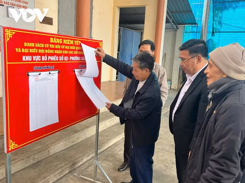Des habitants de Thai Nguyen vérifient leurs informations personnelles sur les listes électorales au sein de leur quartier résidentiel. Photo : VOV.