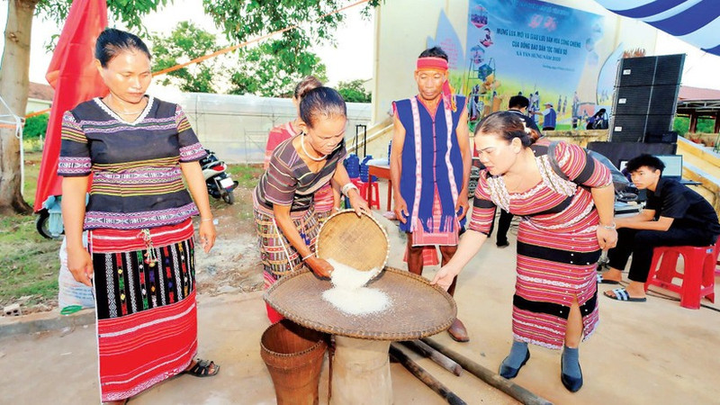 Des ethniques de Xtieng de la commune de Tan Hung, province de Dong Nai, pilent du riz lors de la fête du nouveau riz. Photo : NDEL.