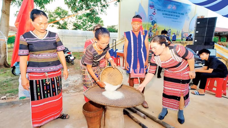 Des ethniques de Xtieng de la commune de Tan Hung, province de Dong Nai, pilent du riz lors de la fête du nouveau riz. Photo : NDEL.
