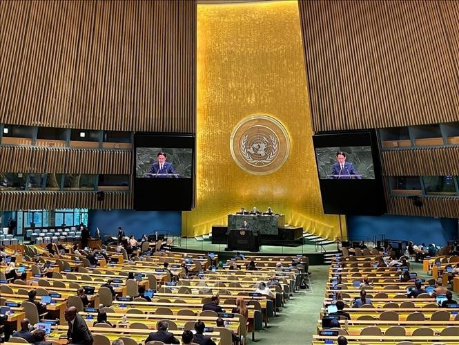 L’ambassadeur Dô Hung Viêt, représentant permanent du Vietnam auprès des Nations Unies, s’exprime lors de la Conférence internationale de haut niveau pour le règlement pacifique de la question de Palestine et la mise en œuvre de la solution à deux États. Photo : VNA