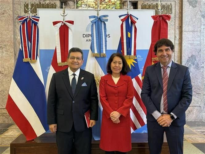 L'ambassadrice du Vietnam en Argentine Ngo Minh Nguyet, l'ambassadeur indonésien Sulaiman Syarif et le président de la Chambre de commerce Mercosur-ASEAN (MACC) Rodolfo Caffaro, lors du séminaire. Photo : VNA.