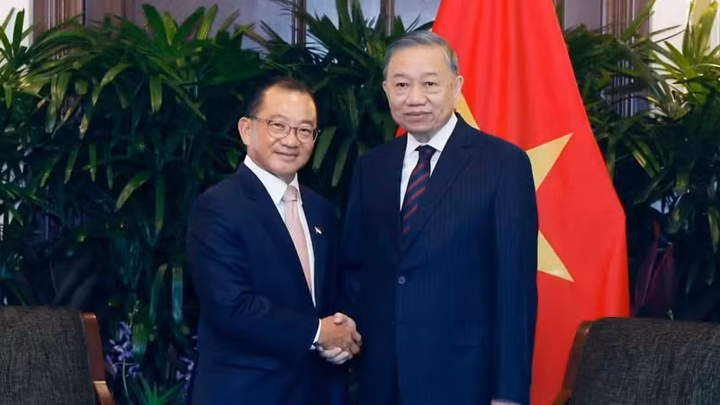 ​​Le secrétaire général du PCV et président de la République, Tô Lâm (à droite) et le président du Parlement singapourien, Seah Kian Peng. Photo: VNA