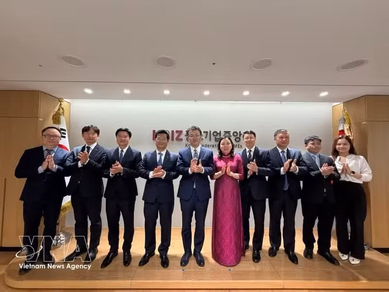 Dinh Thi Lua, vice-secrétaire du Comité provincial du Parti et présidente du Comité provincial du Front de la Patrie du Vietnam, et dé représentants de l’Association des petites et moyennes entreprises de Corée (KBIZ). Photo : VNA